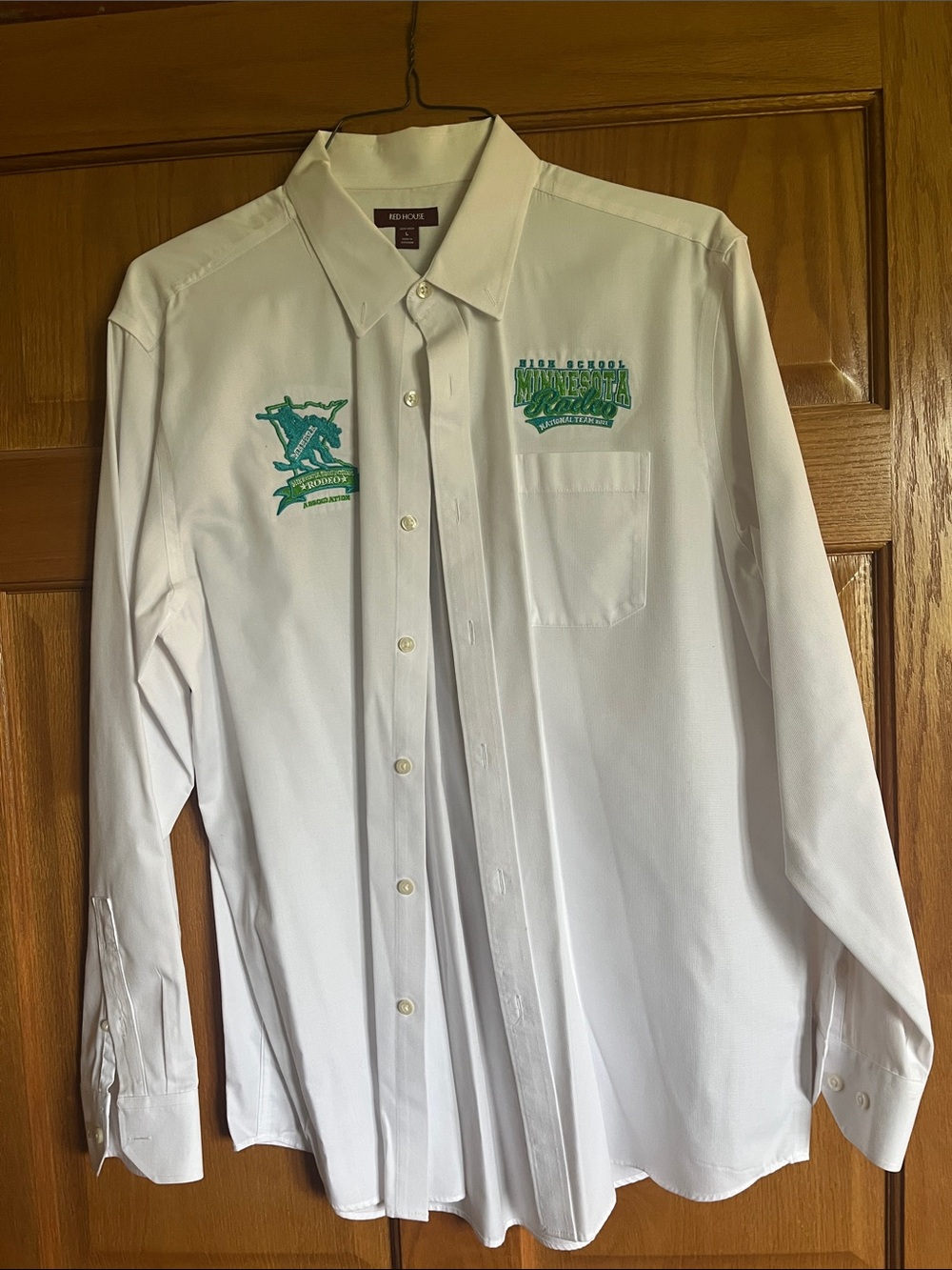 Men's White Button-Down Shirt with Green Embroidery